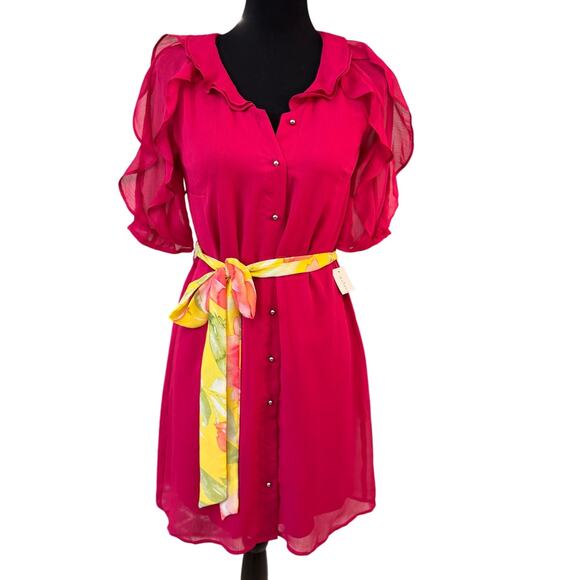 NEW MAISON JULES Red Ruffle Short Sleeve Belted Shirt Dress Size S - Picture 4 of 10